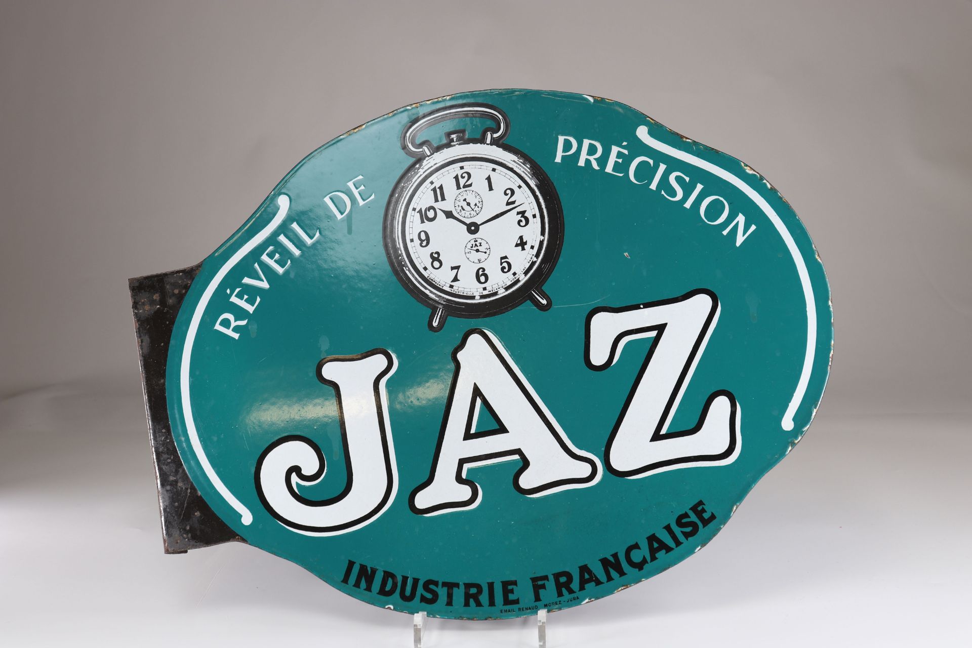 Double-sided enamel sign Jaz "precision alarm clock"