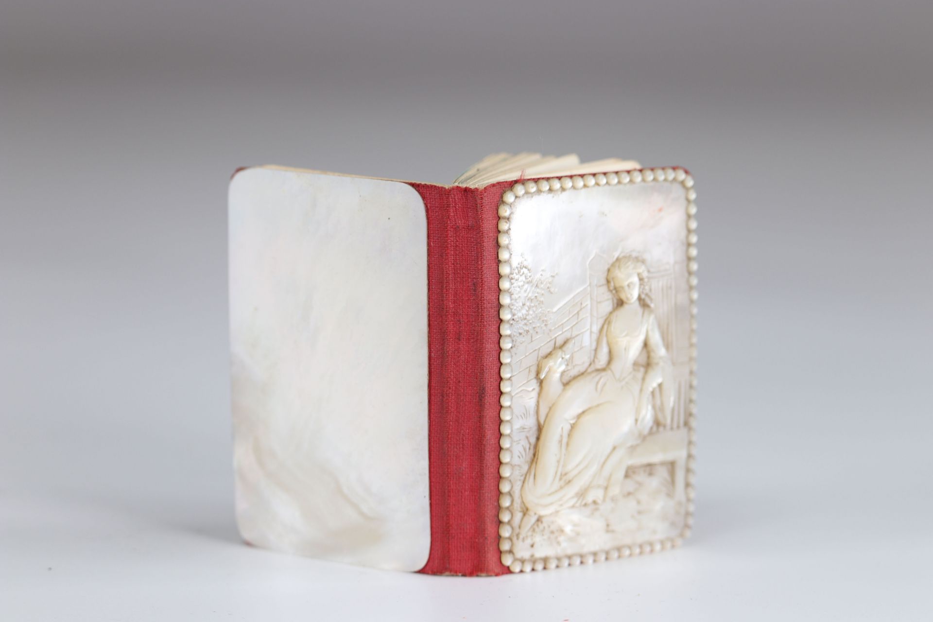 Carved mother-of-pearl ball book of a young woman with a greyhound - Image 2 of 3