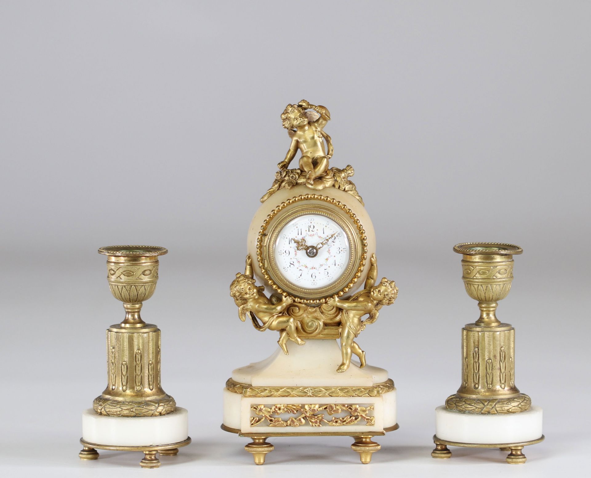 Louis XV style bronze and marble desk garniture and candlesticks