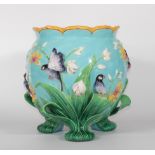 George Jones very large majolica planter decorated with birds and flowers