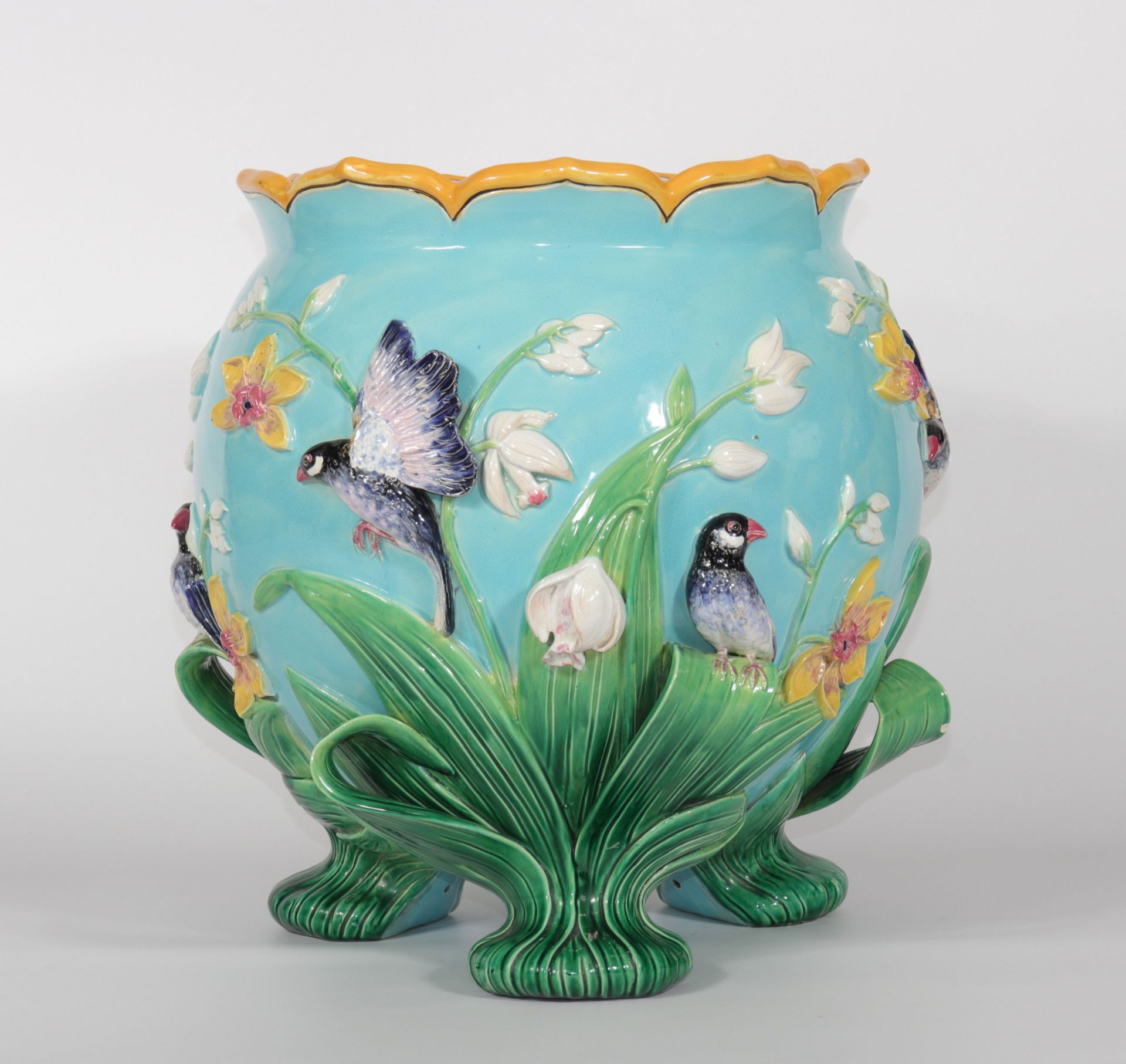 George Jones very large majolica planter decorated with birds and flowers