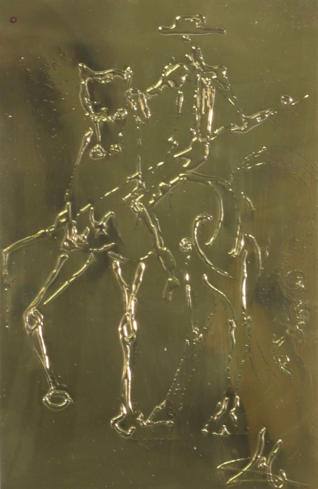 Salvador Dali. "The Picador". 1972. Embossed brass plaque representing a rider on a horse “Dali” sig