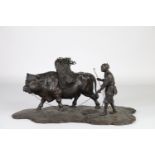 Japan imposing bronze group "peasants and ox" 19th