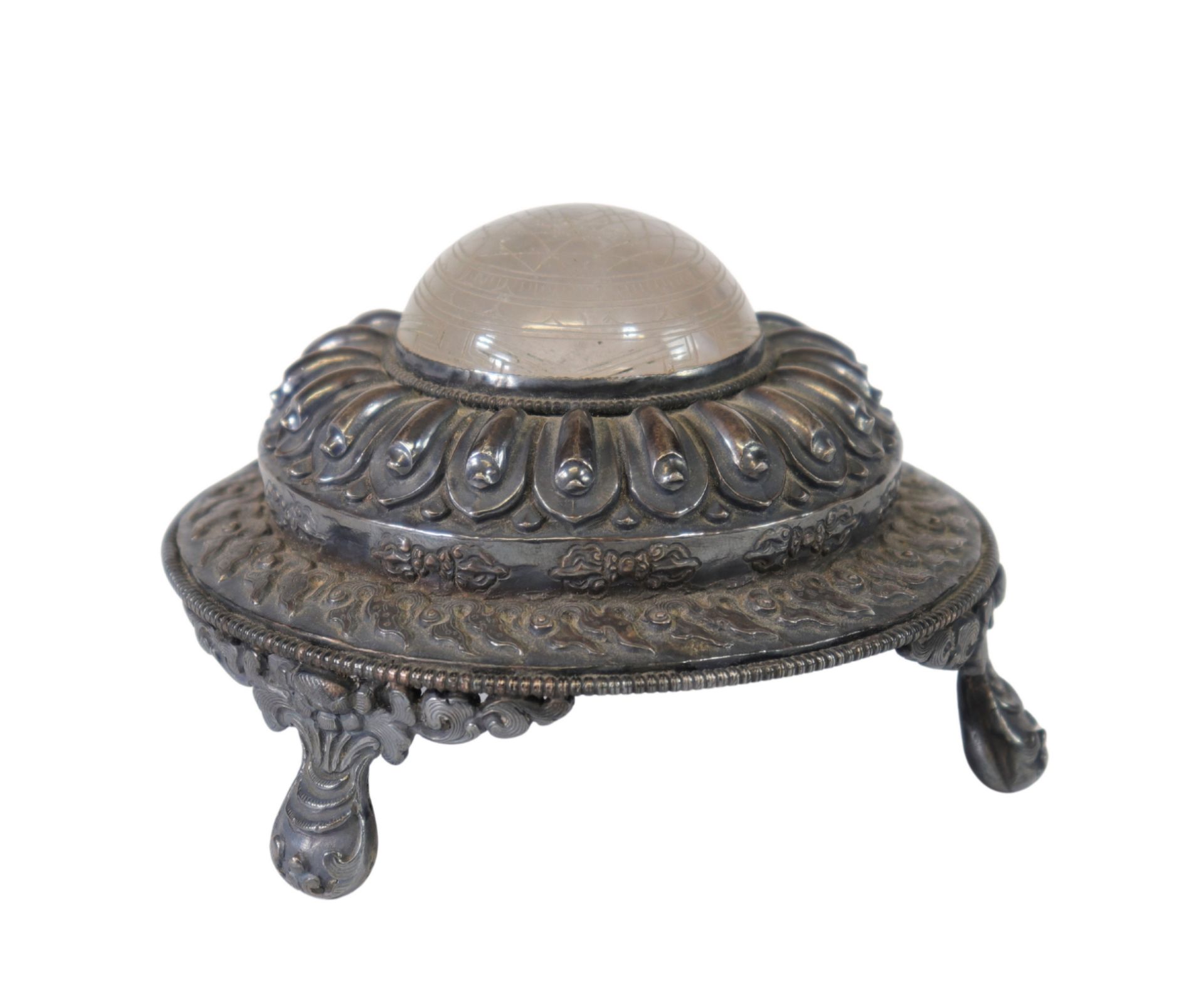 China, Silver literate object mounted on rock crystal, cut