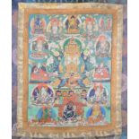 Tanka framed in golden silk with various deities, Tibet, 18th century