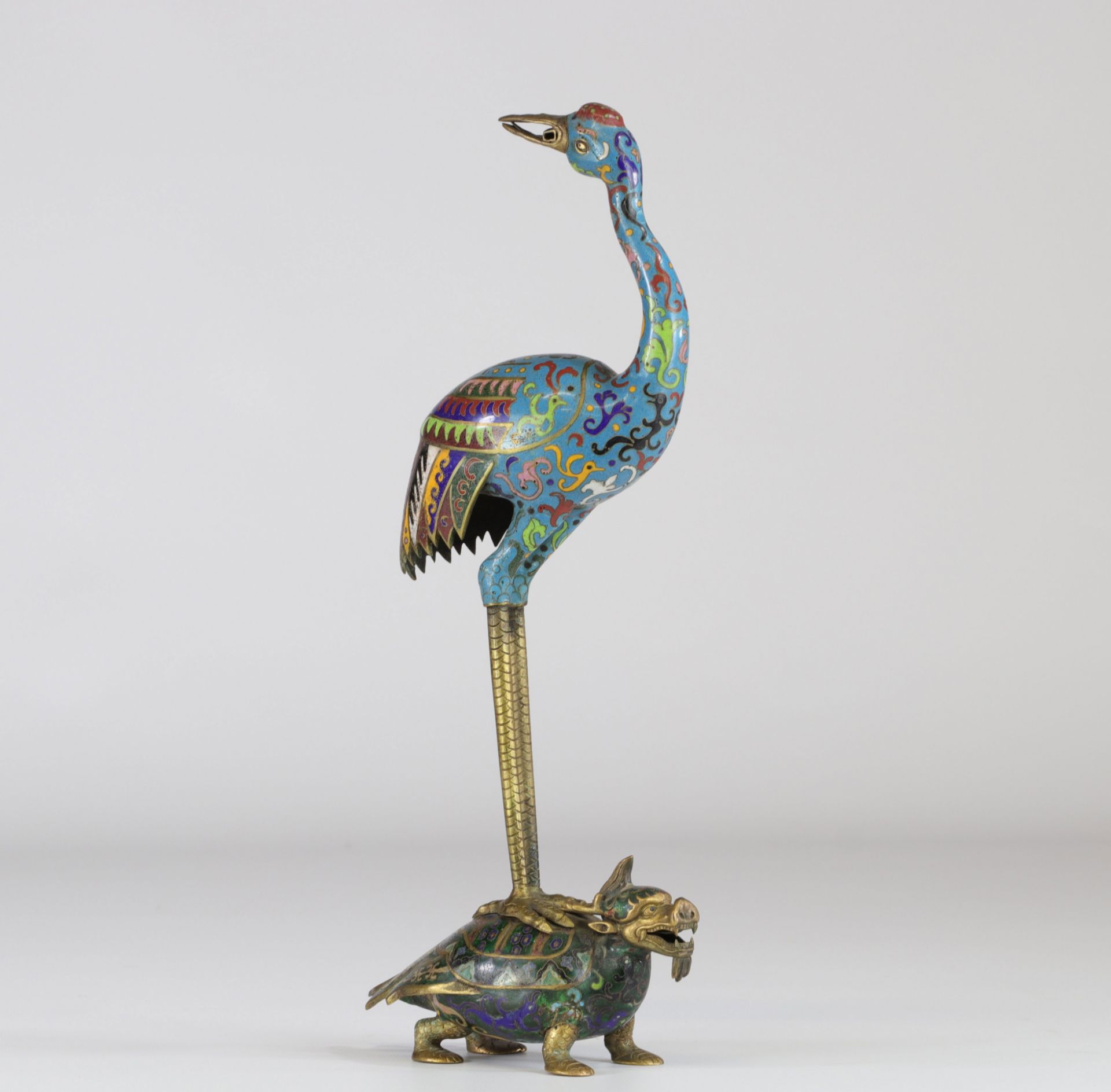 China crane on a cloisonne bronze turtle - Image 2 of 5