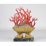 Golden bronze planter in the shape of dolphins decorated with red coral