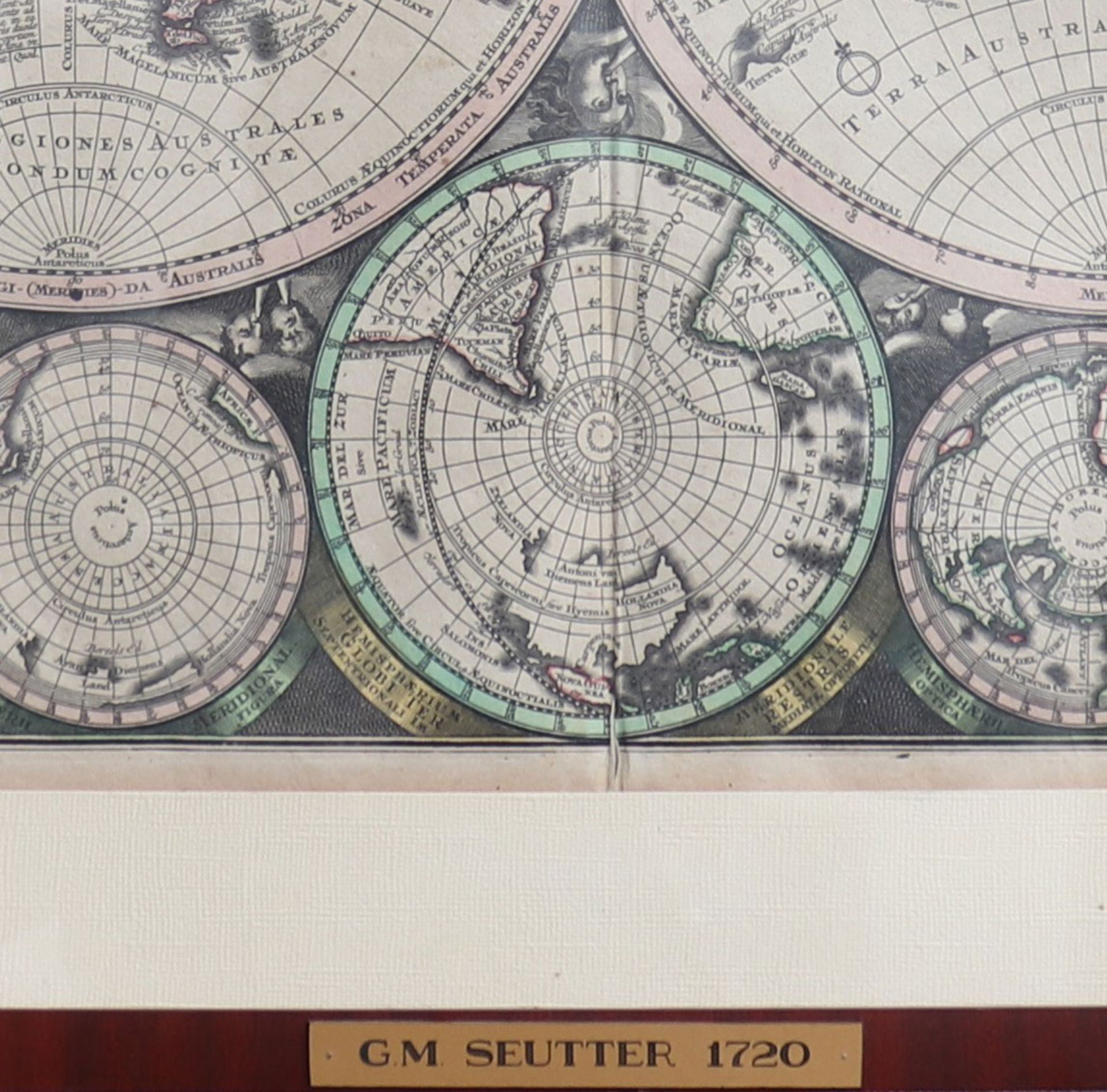 Seutter 1720 Engraved double hemisphere map of the world, surrounded by 8 projections - Image 2 of 2