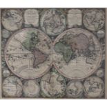 Seutter 1720 Engraved double hemisphere map of the world, surrounded by 8 projections