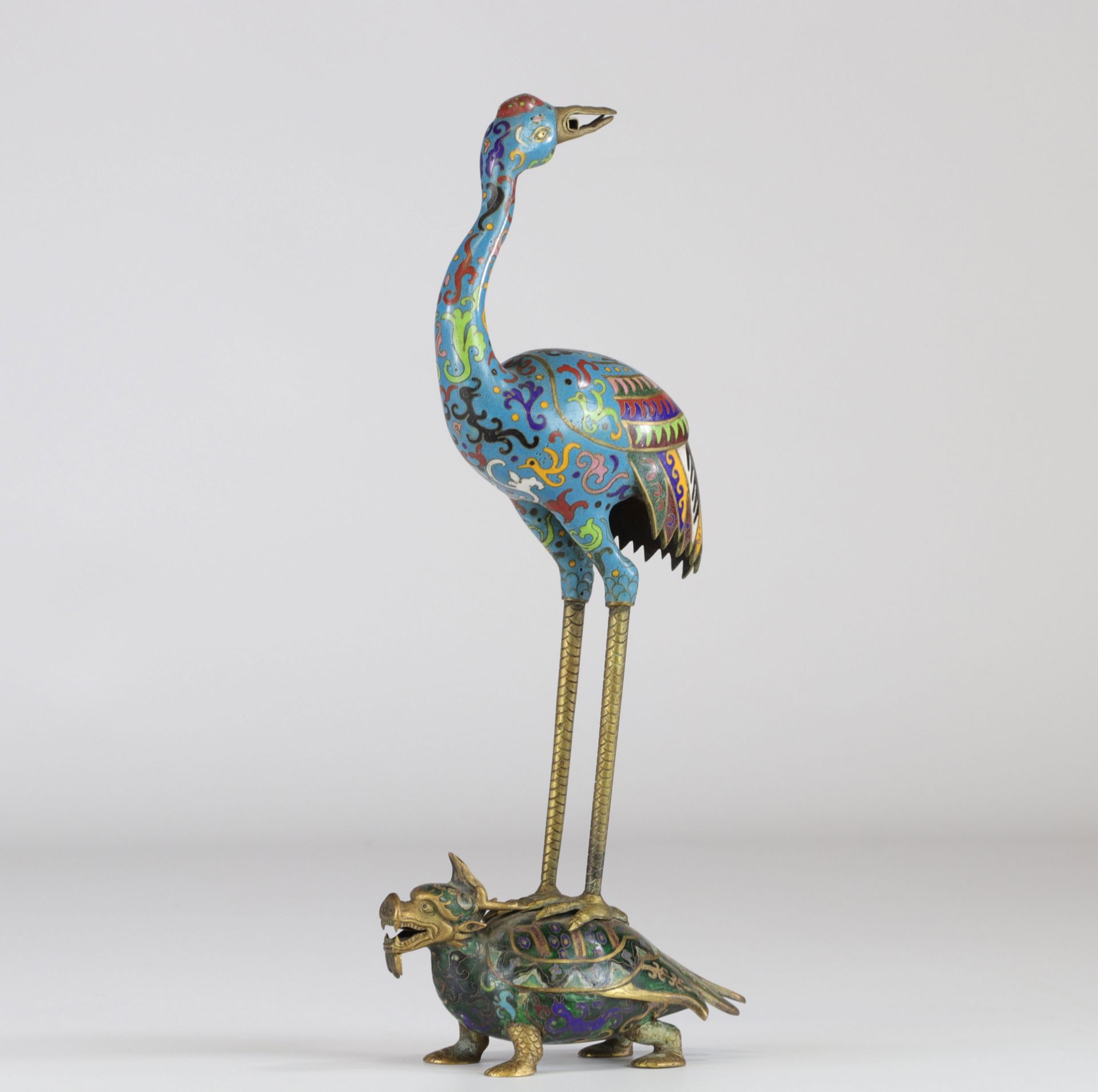 China crane on a cloisonne bronze turtle - Image 3 of 5