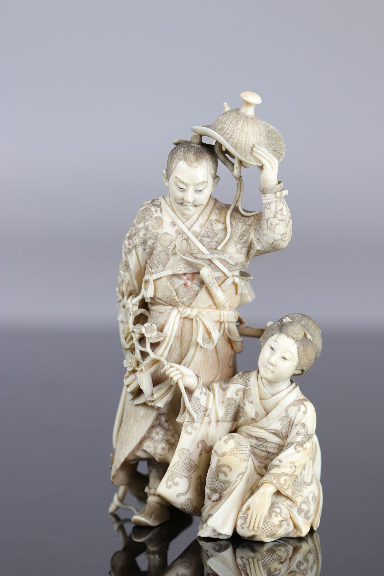 Japan imposing Okimono carved of a warrior and a young woman 19th - Image 5 of 6