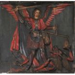 Exceptional panel carved in polychrome relief from the 17th century Saint Michael and the Devil