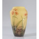 Daum vase with red Montbretia, engraved and enamelled, 11.5cm, circa 1910