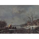 "Oil on wood French school "animated winter scene"