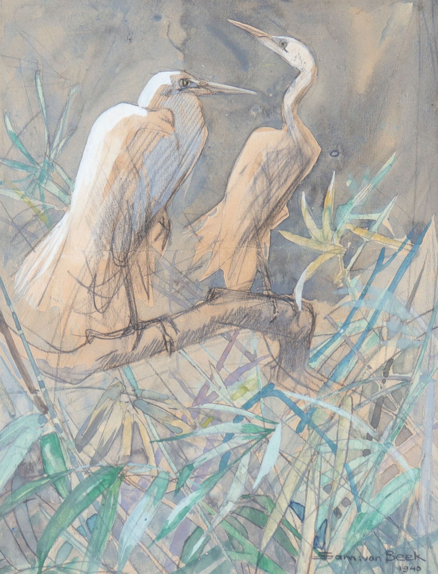 "Sam VAN BEEK (1878-1957) watercolor "the herons"
