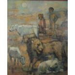 "Jan GROENESTEIN (1919-1971) oil on canvas "view of the savannah child and felines"