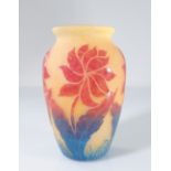 Art-Deco DEGUE vase with stylized red and blue flowers, acid-etched, circa 1925