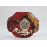 Sumptuous Asia box in red lacquer with inlays and jade plate 19th