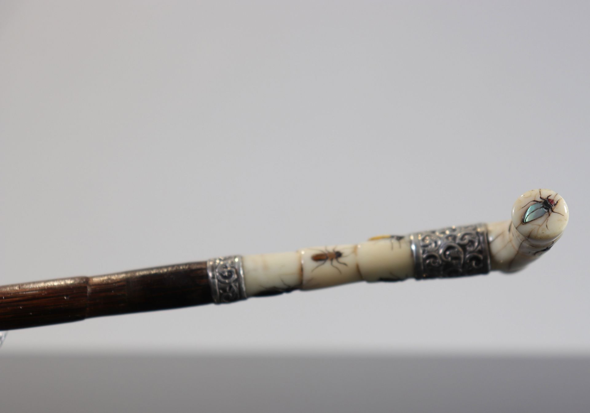 Japan, Shibayama, Walking stick with pommel inlaid with insects in stone and mother-of-pearl, 19th - Image 5 of 7