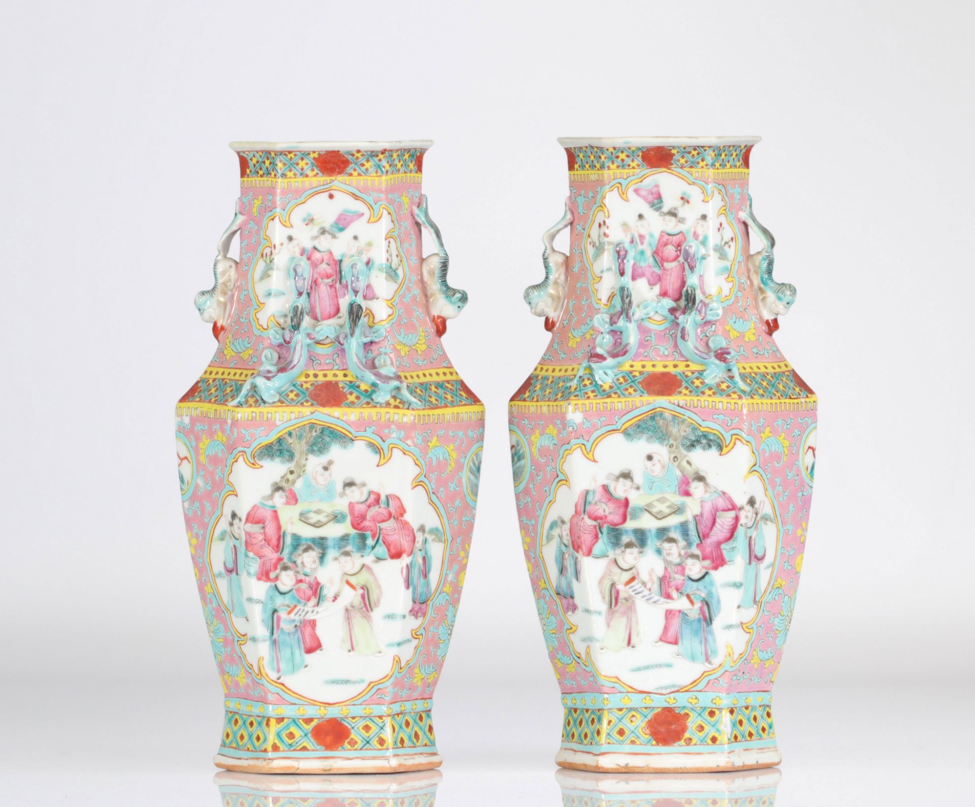 China pair of famille rose vases decorated with 19th century characters