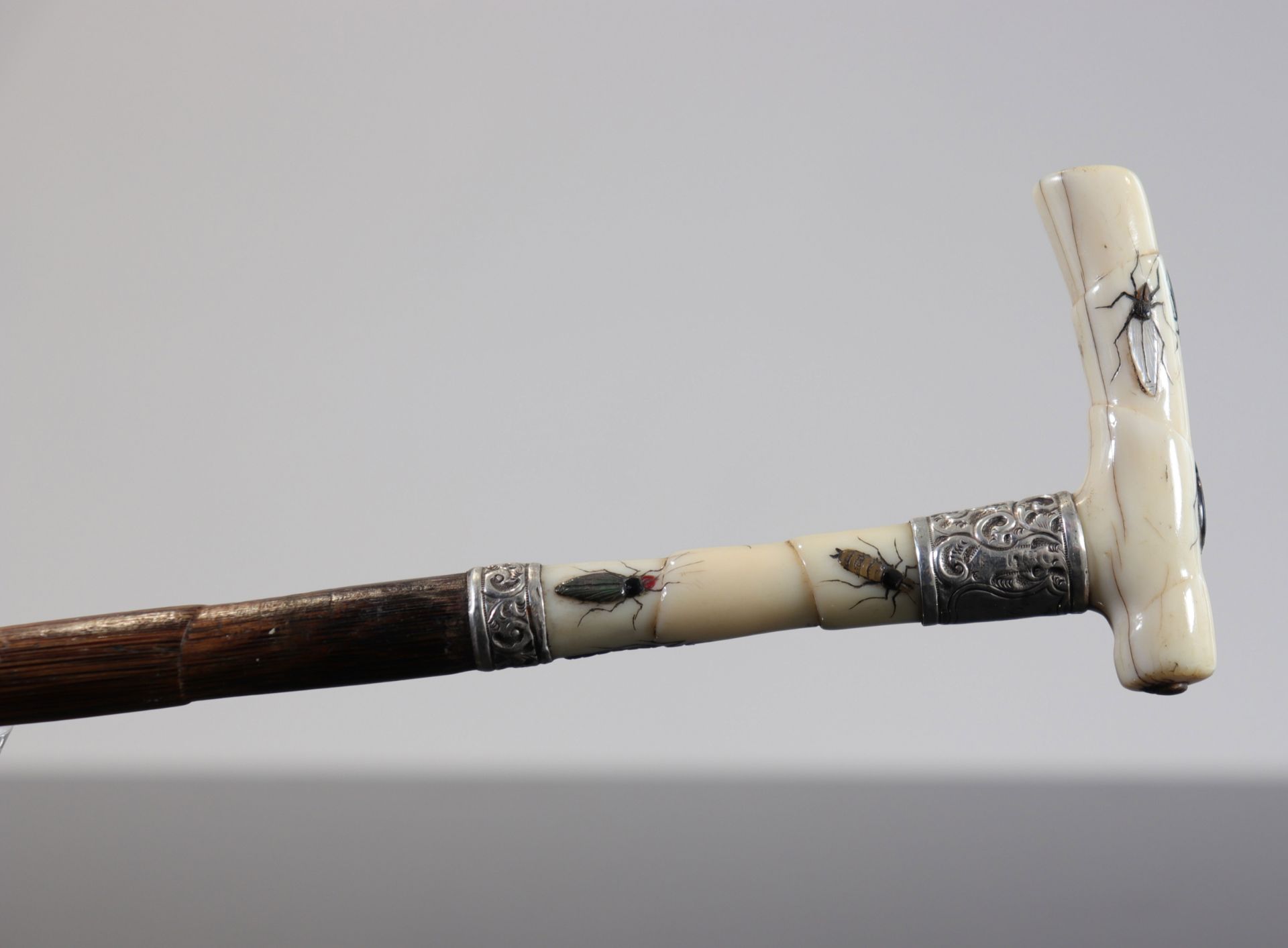 Japan, Shibayama, Walking stick with pommel inlaid with insects in stone and mother-of-pearl, 19th - Image 4 of 7