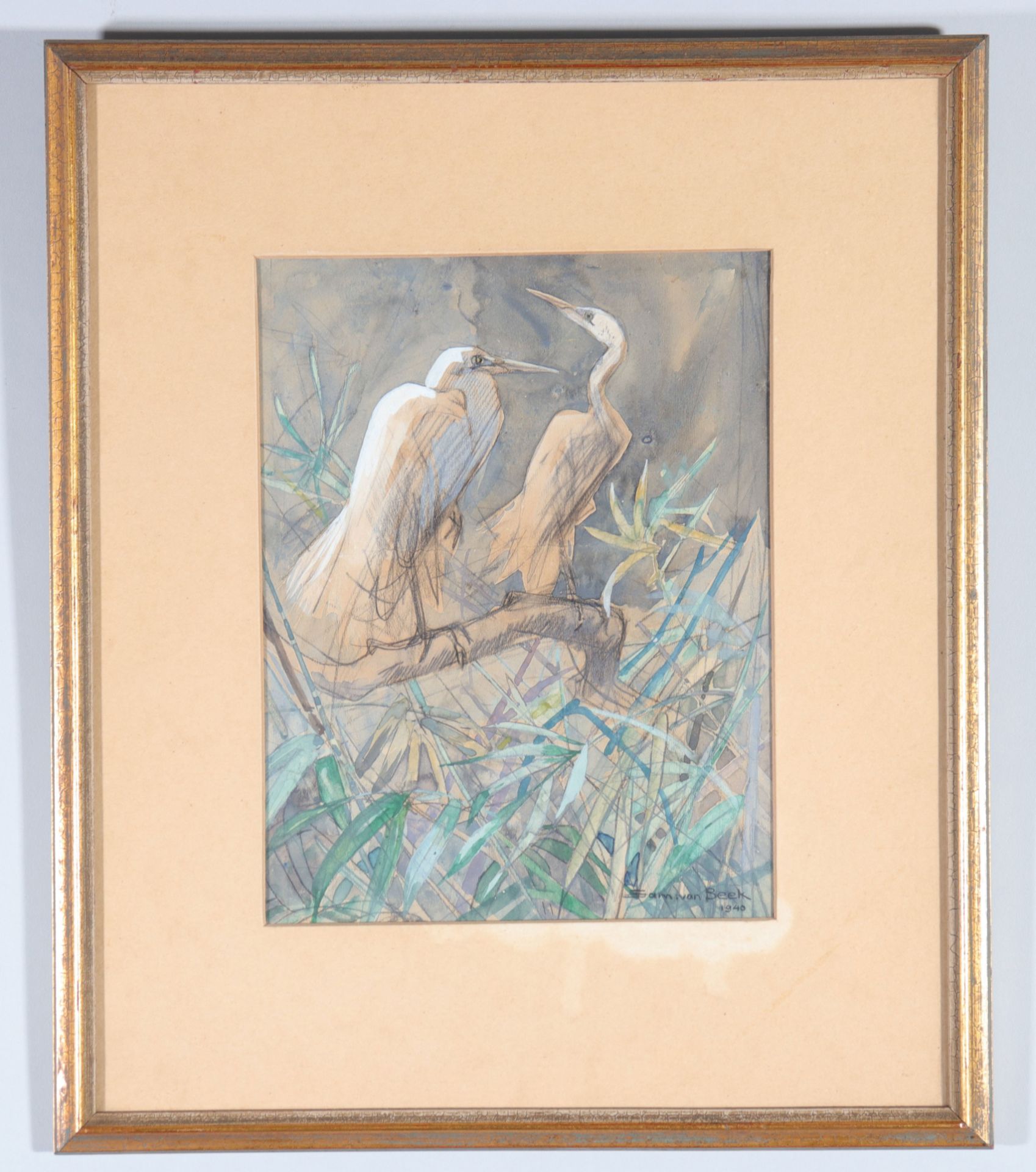 "Sam VAN BEEK (1878-1957) watercolor "the herons" - Image 2 of 2