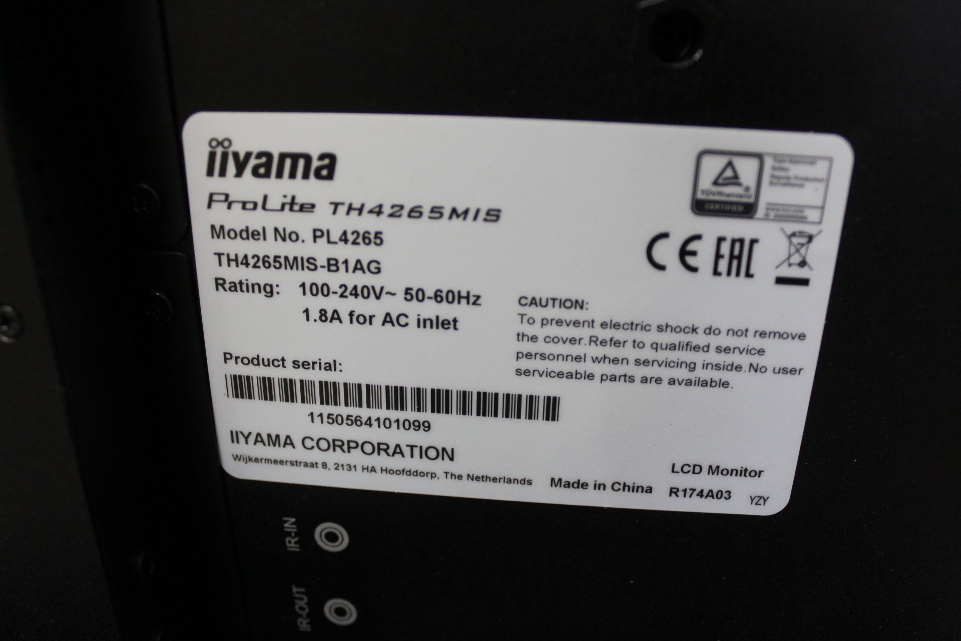 2x Iiyama ProLite TH4265MIS-B1AG 42" LCD touchscreens (20 Point) Serial No's. 1150564101099 & - Image 4 of 5