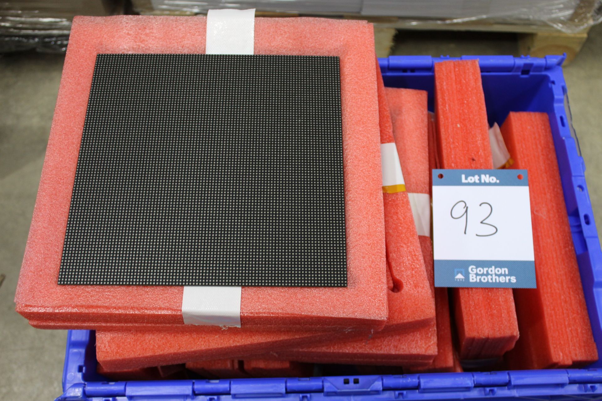 Quantity of P2.86 spare 250mm x 250mm LED modules in 600mm x 400mm plastic tote bin. (PLEASE NOTE AT