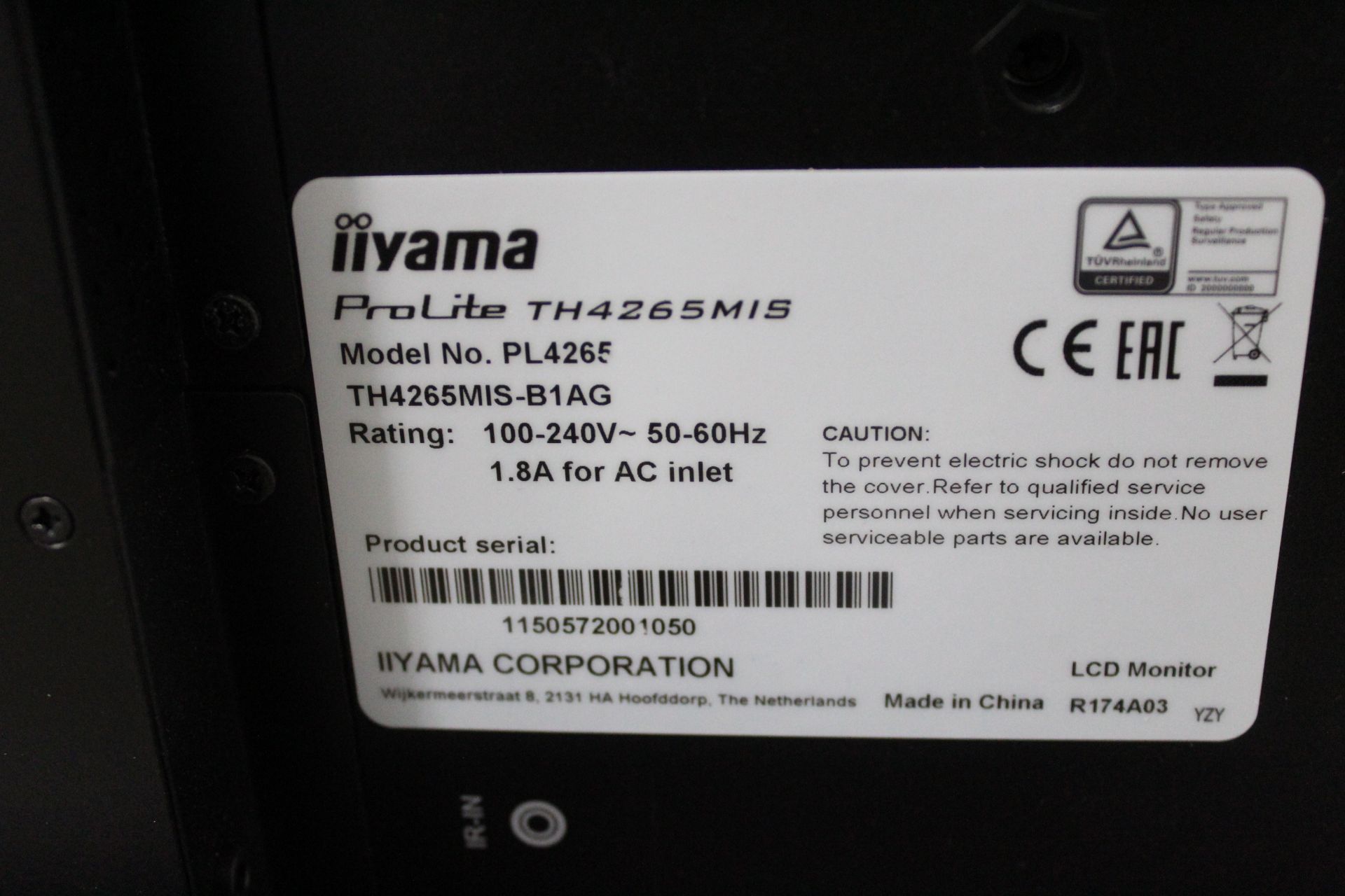 2x Iiyama ProLite TH4265MIS-B1AG 42" LCD touchscreens (20 Point) Serial No's. 1150564101099 & - Image 5 of 5