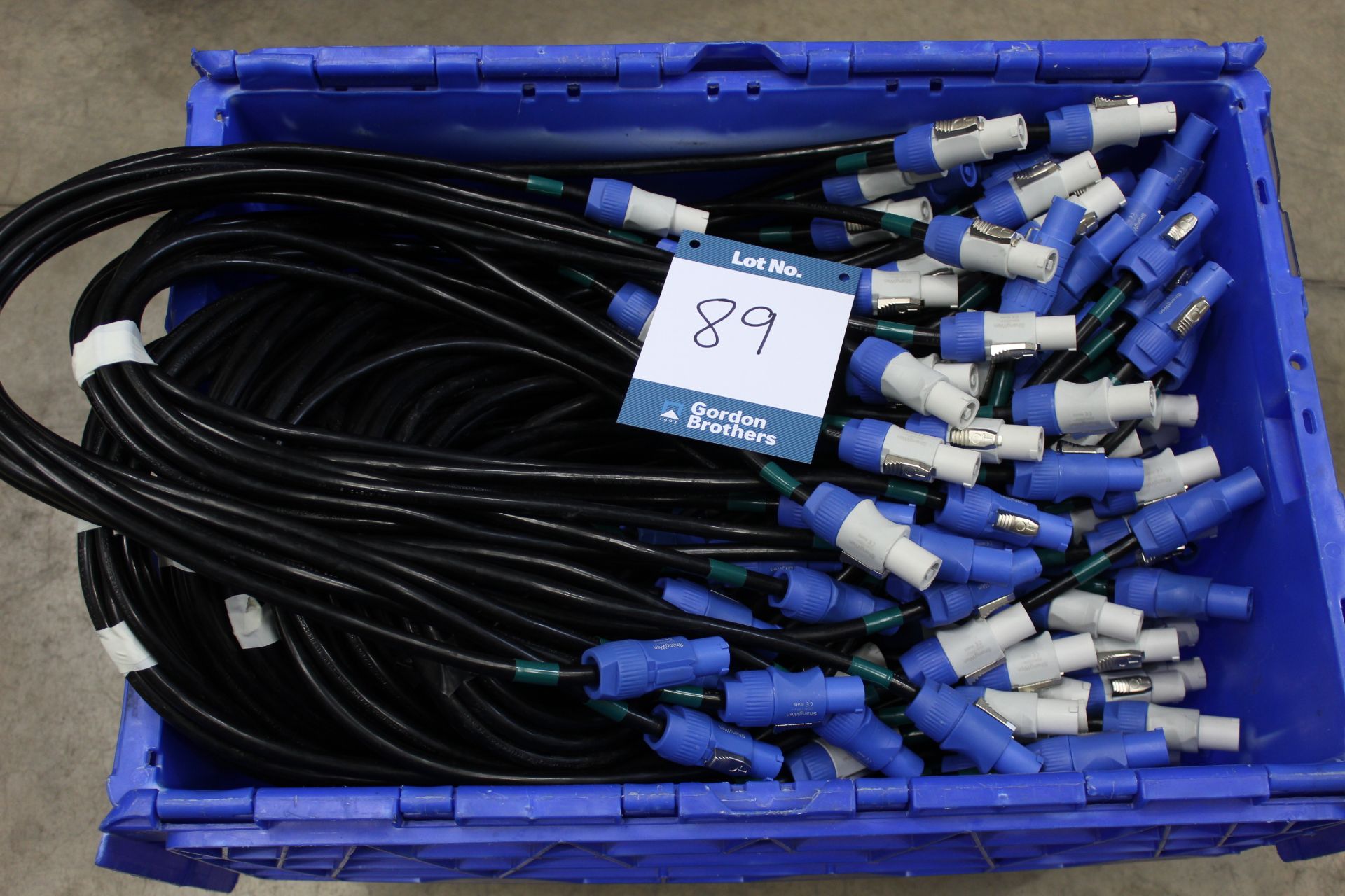 Approx. 180x 0.9m PowerCON cables in 600mm x 400mm plastic tote bin used for P2.86 LED display. (