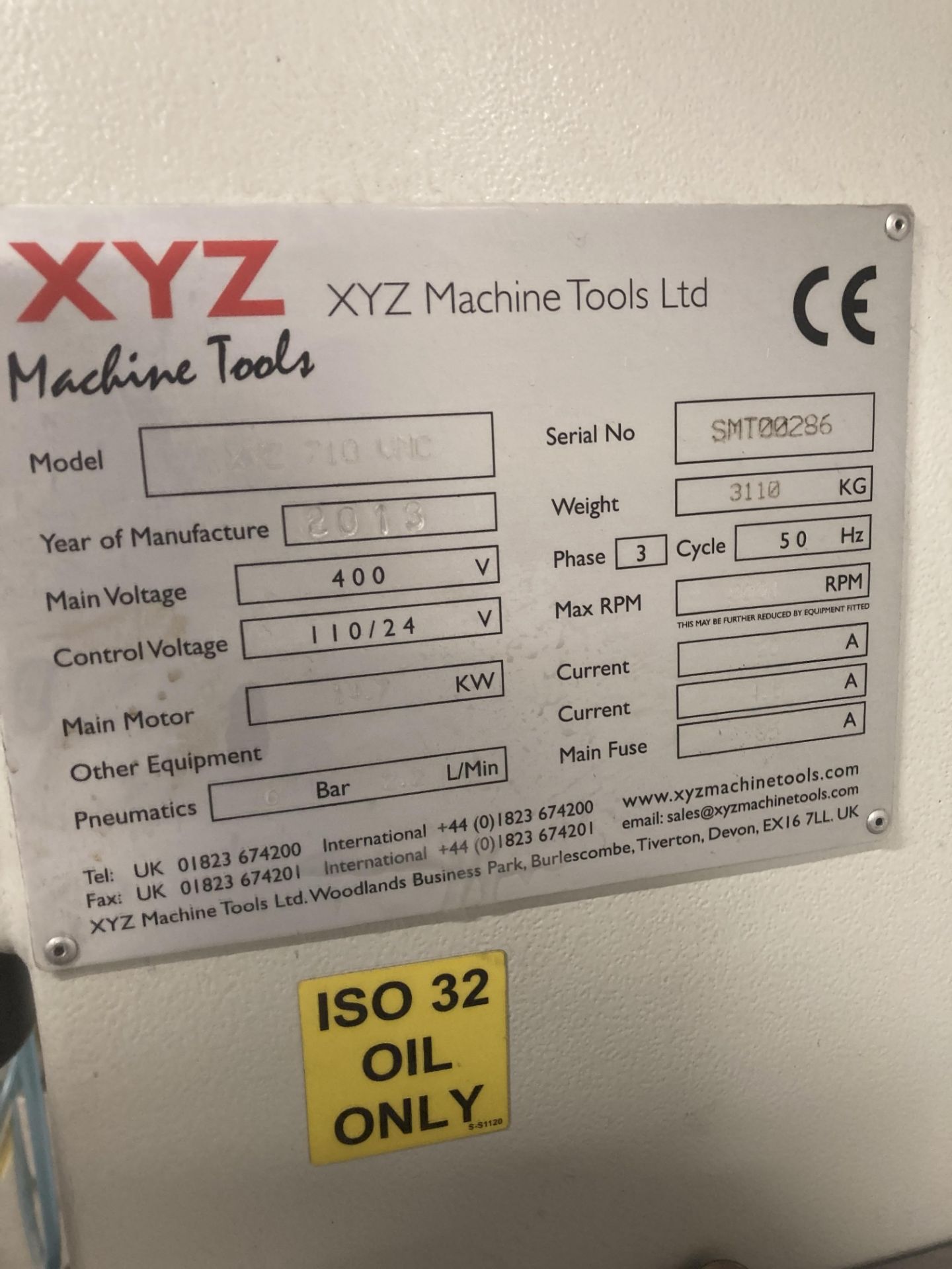 XYZ 710 VMC CNC 3 axis vertical machining centre, Serial No. SMT00286 (2013), X axis 710mm, Y axis - Image 8 of 8