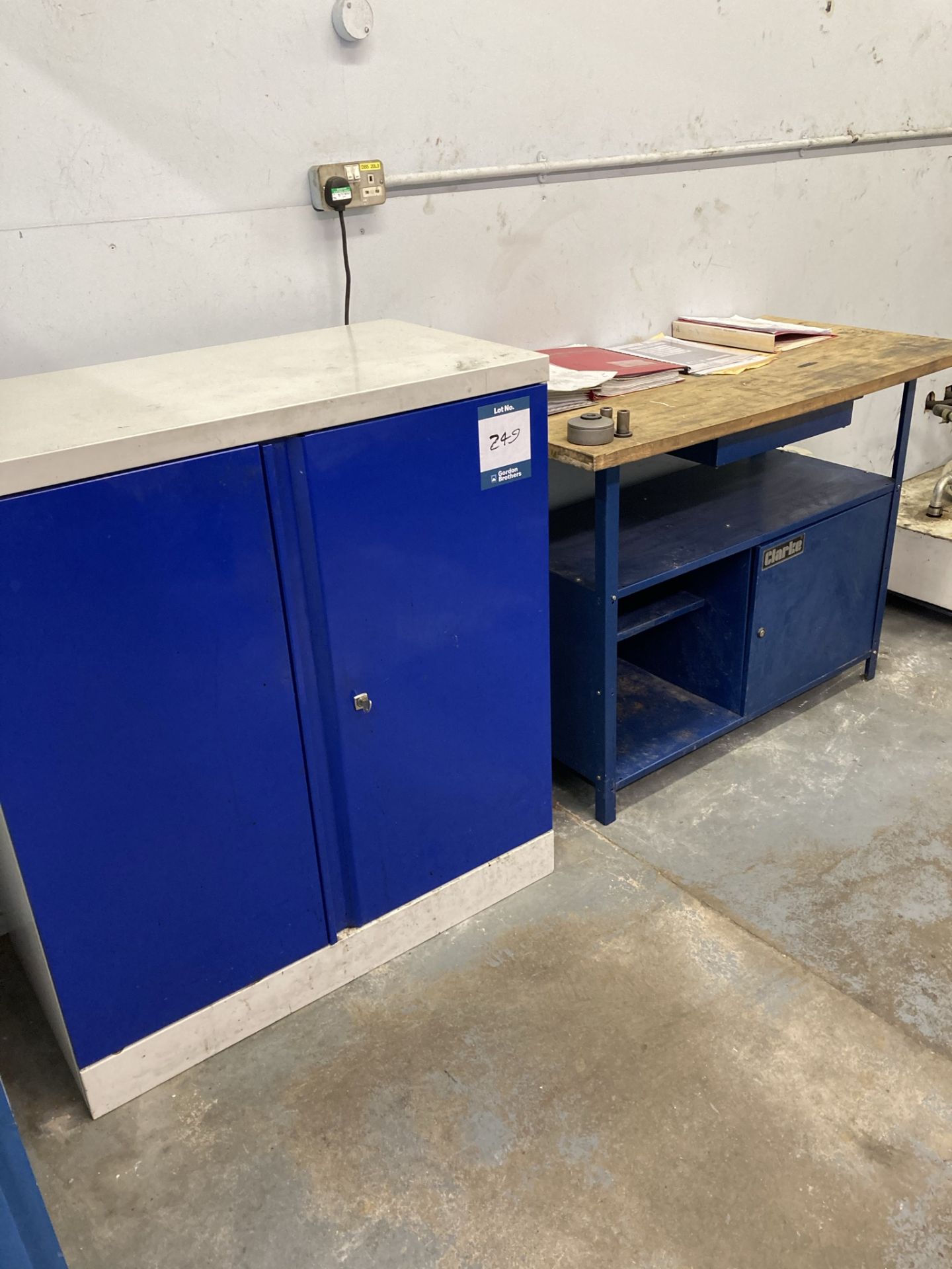 2x Blue steel shelf units, Clarke steel framed work bench/cabinet and blue steel 2 door cabinet,