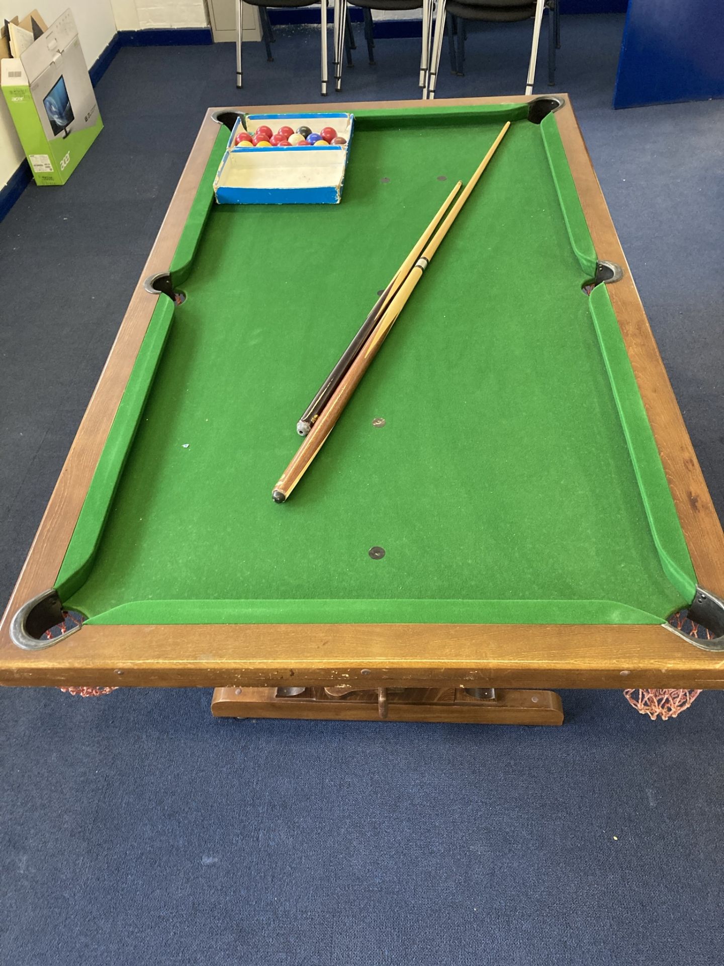 Pool table on stand, with cover, 2x cues and balls