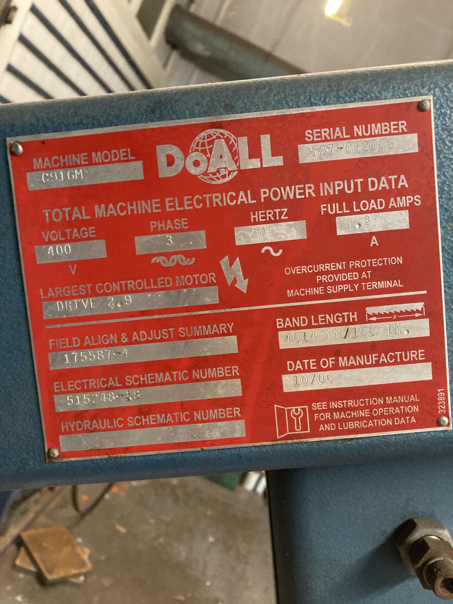 Doall C916M horizontal metal cutting bandsaw, Serial No. 527-062048 (2006), band length 4014mm, - Image 4 of 4