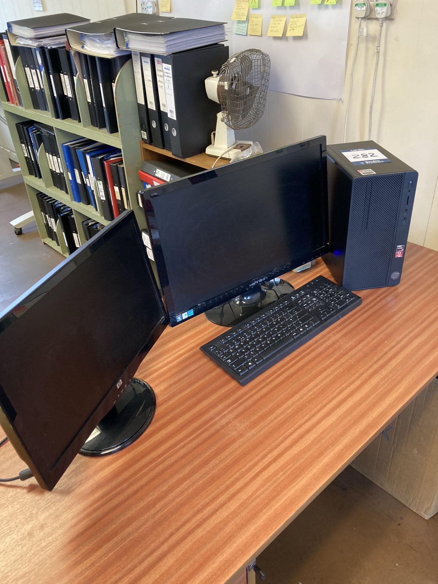 HP Ryzen 5 tower personal computer with Hanns-G and HP TFT monitors and keyboard