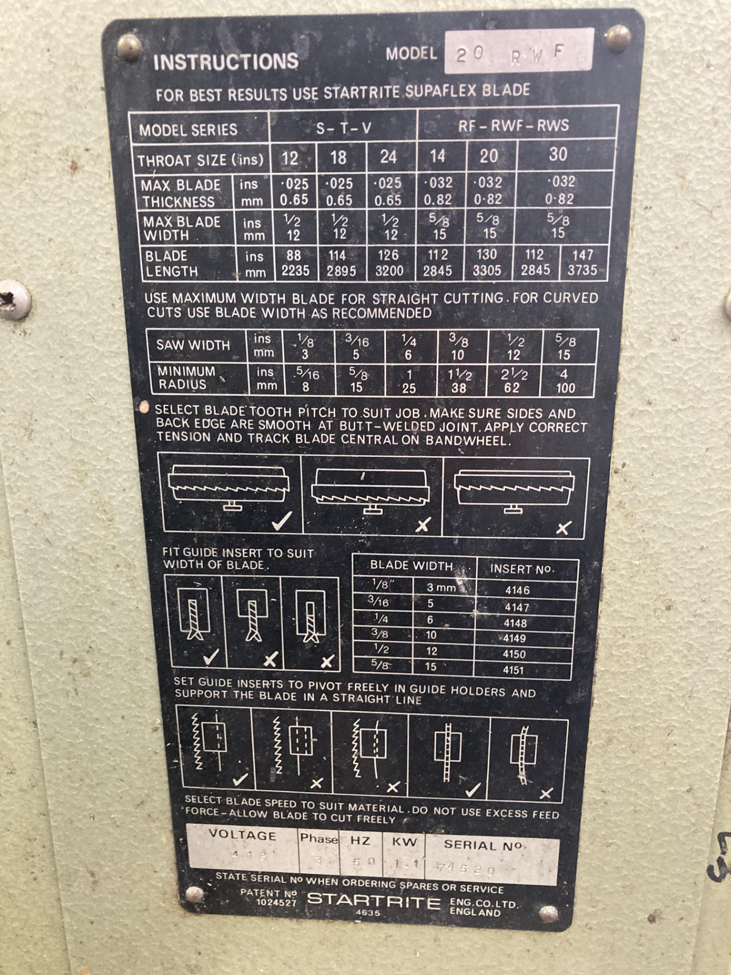 Startrite 20 RWF vertcial bandsaw, Serial No. 74520, 3 phase, 501mm throat with BS016 welding unit - Image 3 of 4
