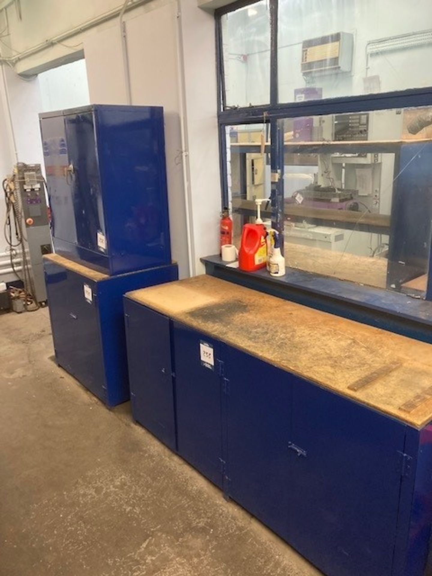 Blue steel double workshop cabinet and 5x two door cabinets