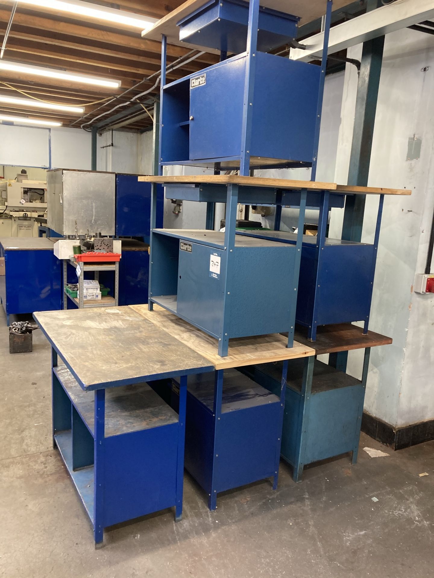 6x Clarke and other steel framed work benches/cabinets, 1200mm x 600mm