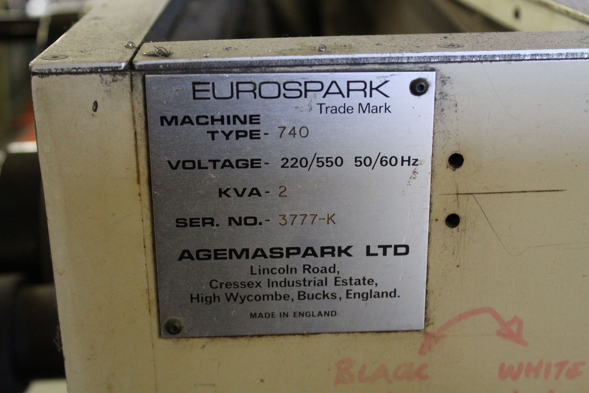 Eurospark 740 spark eroder, Serial No. 3777-K, voltage: 220/550 -50/60Hz, KVA: 2 with Eurospark - Image 8 of 15