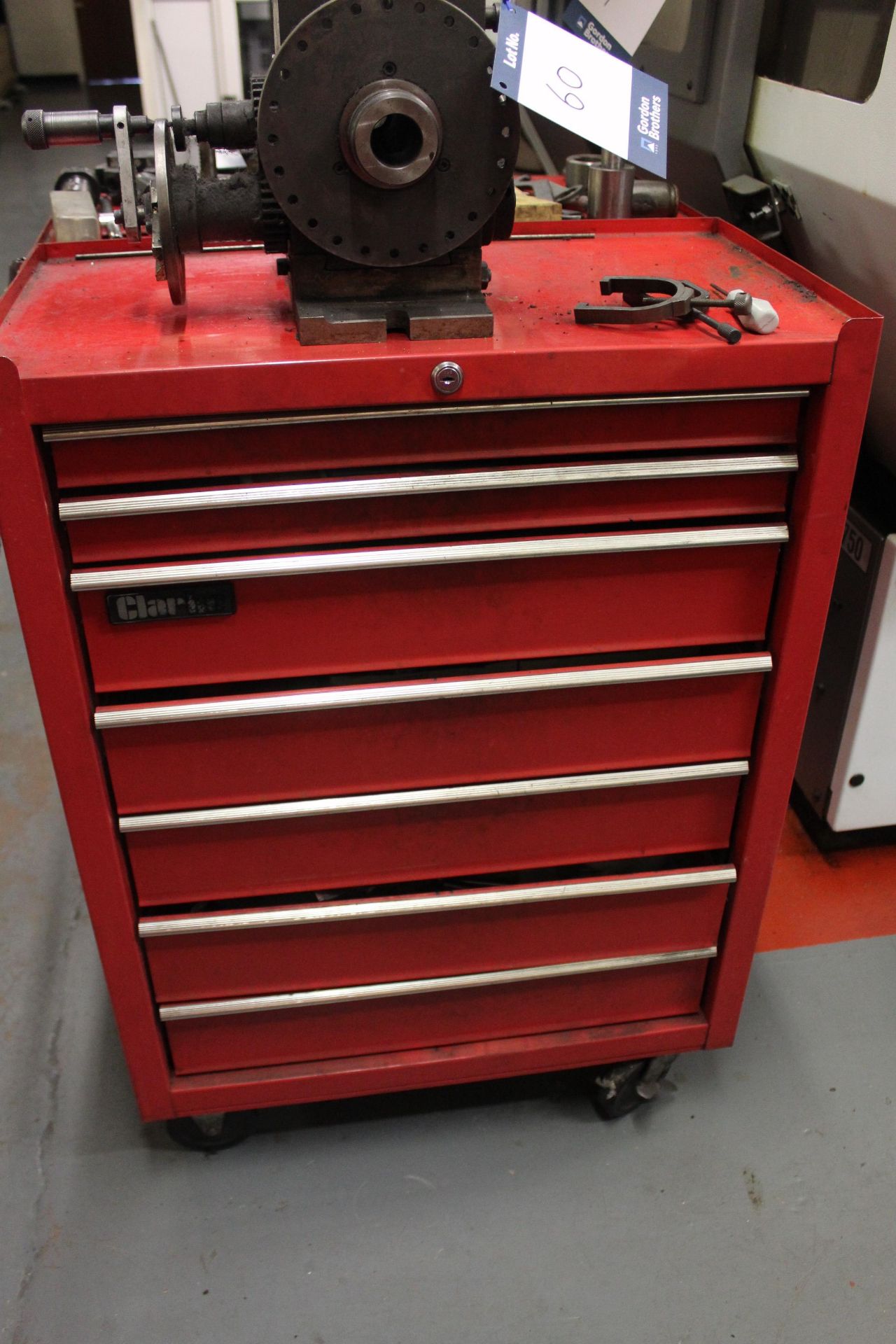 Clarke mobile tool cabinet and contents to include various taps, lathe tips, milling bits and