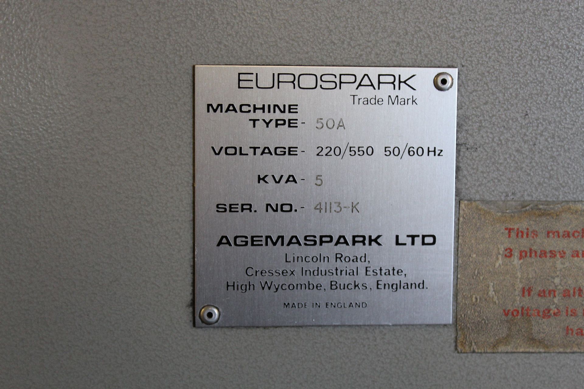 Eurospark 740 spark eroder, Serial No. 3777-K, voltage: 220/550 -50/60Hz, KVA: 2 with Eurospark - Image 11 of 15
