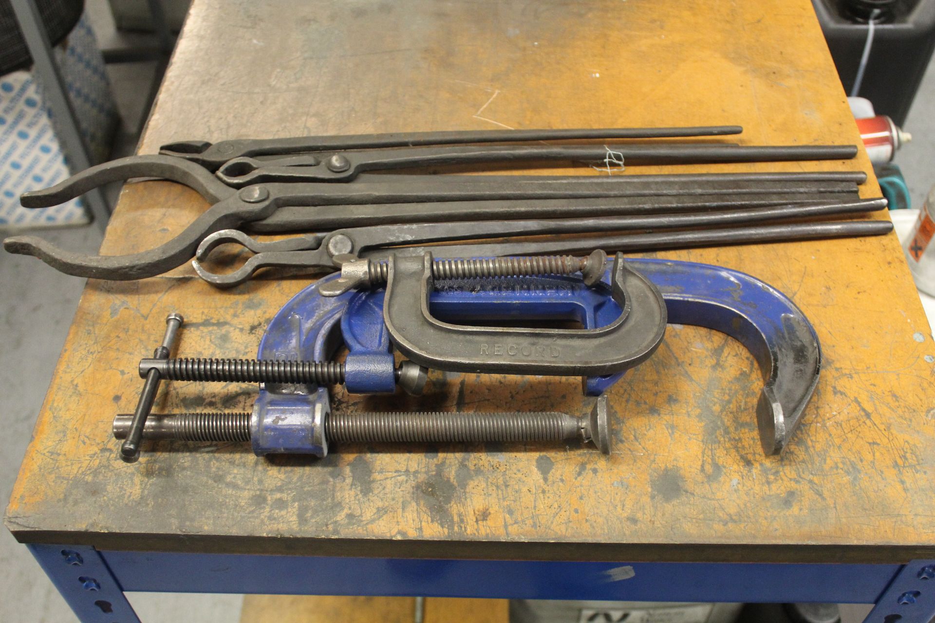 4x Pairs of assorted iron tongs with 3x Record/Kennedy G-Clamps - Image 2 of 2