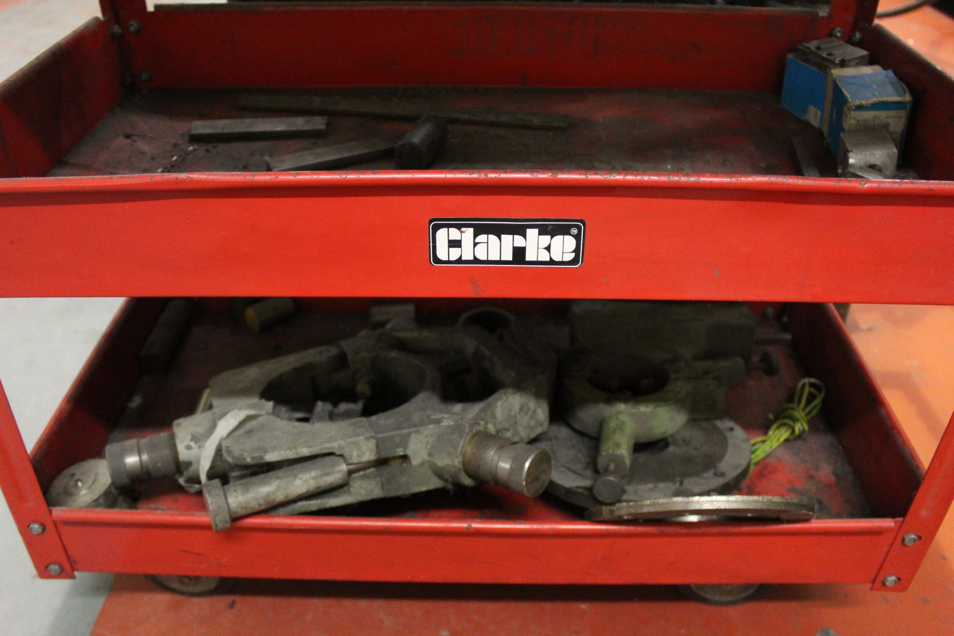 Clarke 3-tier mobile workshop trolley and contents to include 2x Pratt Burnerd 3-jaw chucks S/No's - Image 6 of 6