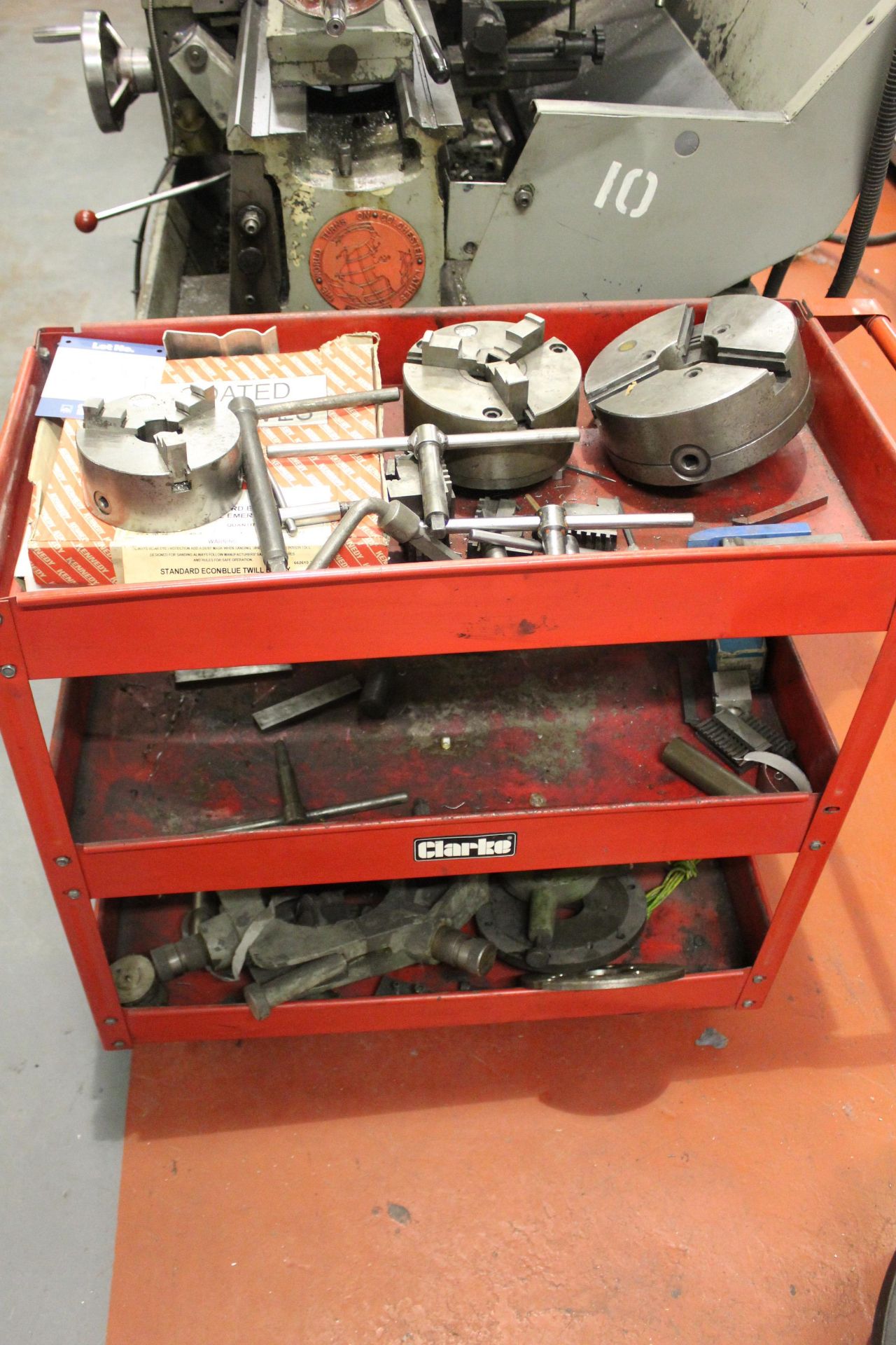 Clarke 3-tier mobile workshop trolley and contents to include 2x Pratt Burnerd 3-jaw chucks S/No's