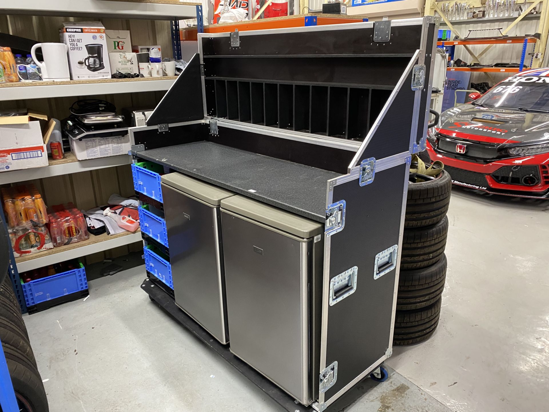 Mobile catering flight case with upper serving counter including 2 x Zanussi TT160C under counter