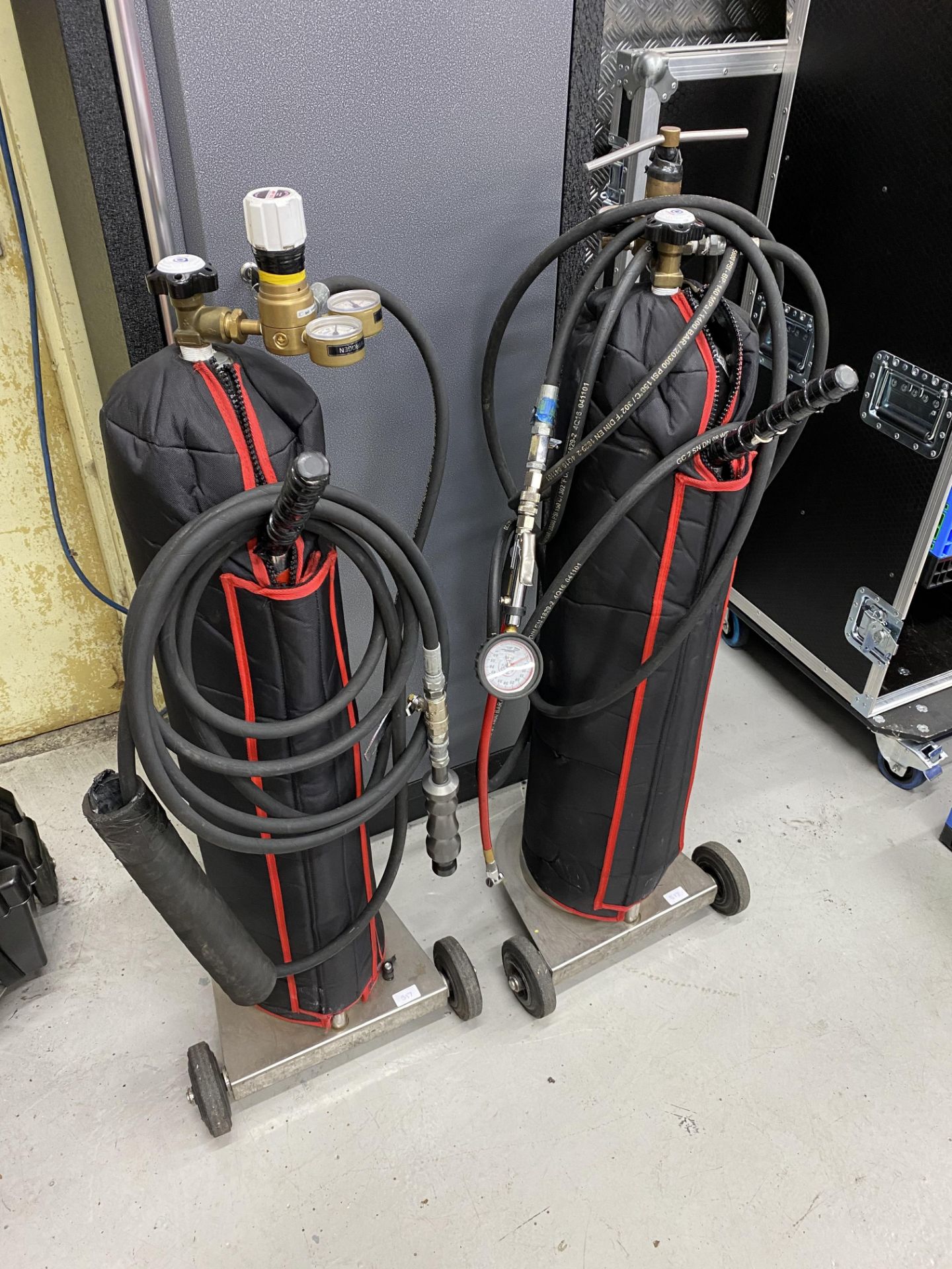 Gas bottle trolleys including 1 x BOC nitrogen regulator, AP racing air jack lance and 1 x Longace