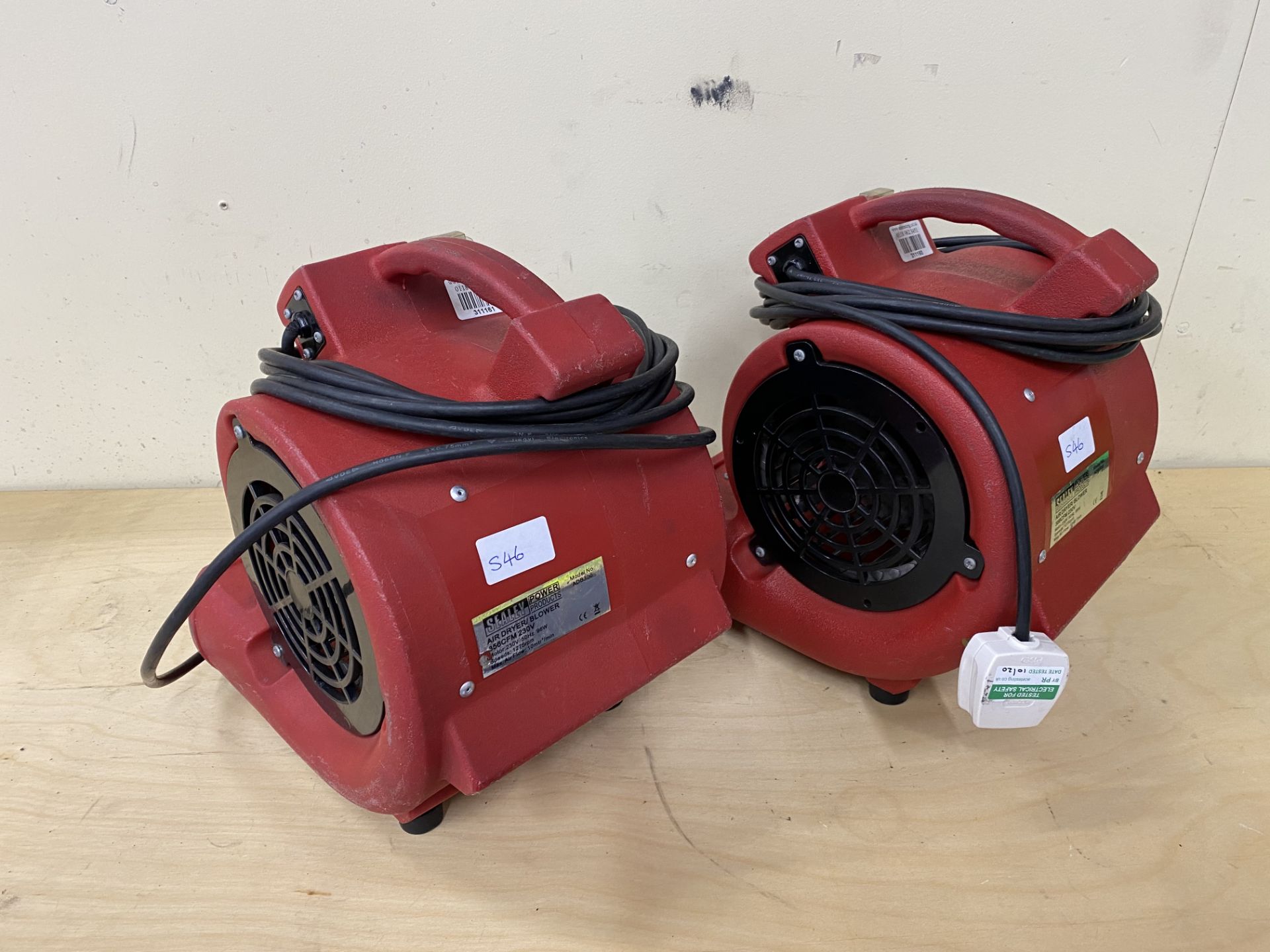 2 x Sealey ADB300 electric air blower dryer floor fans, maximum airflow 10mtr/min, 356 CFM, 230