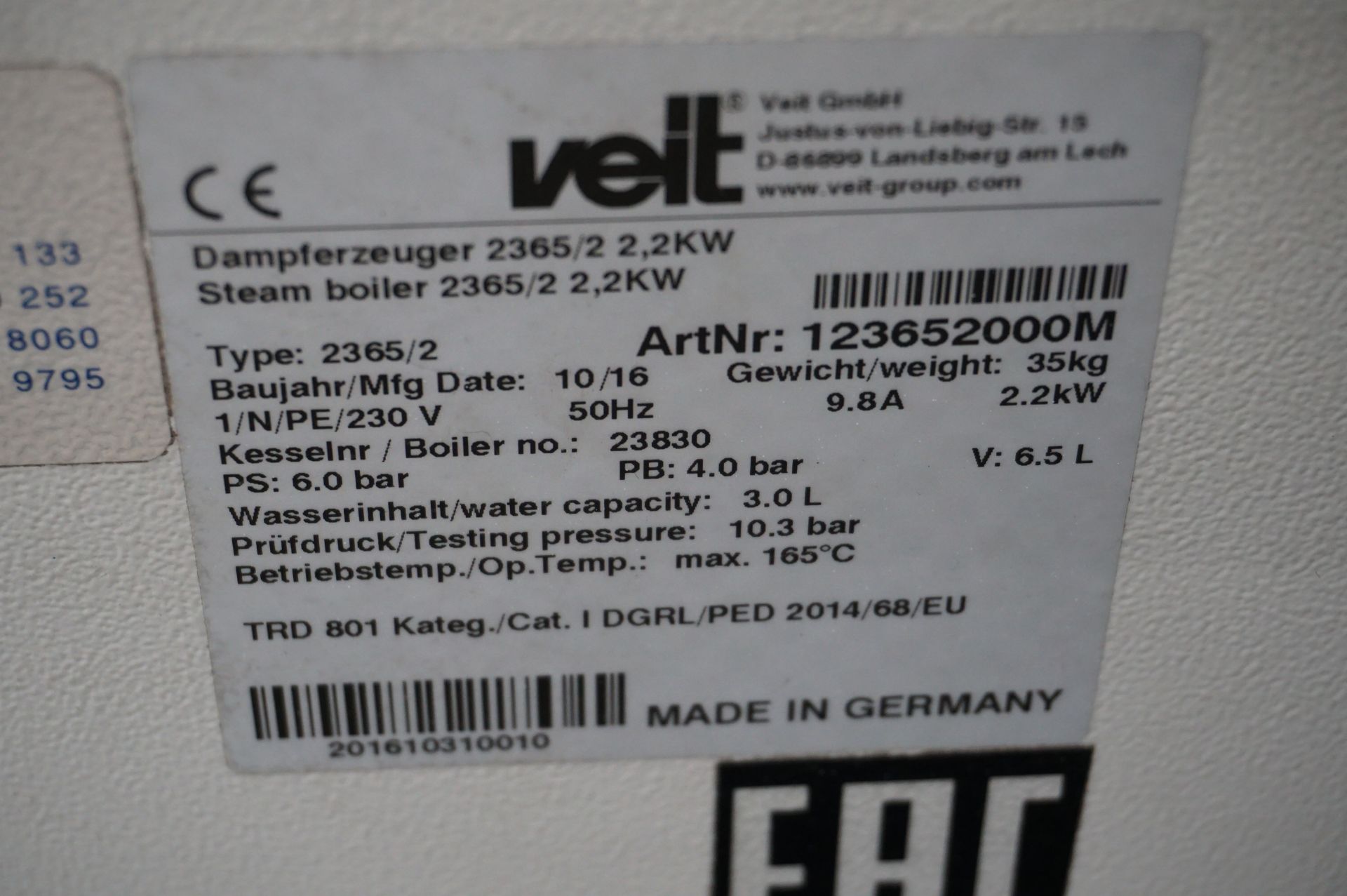 Veit 2365/2 mobile industrial steam boiler with Veit 2157 hand iron - Image 3 of 3