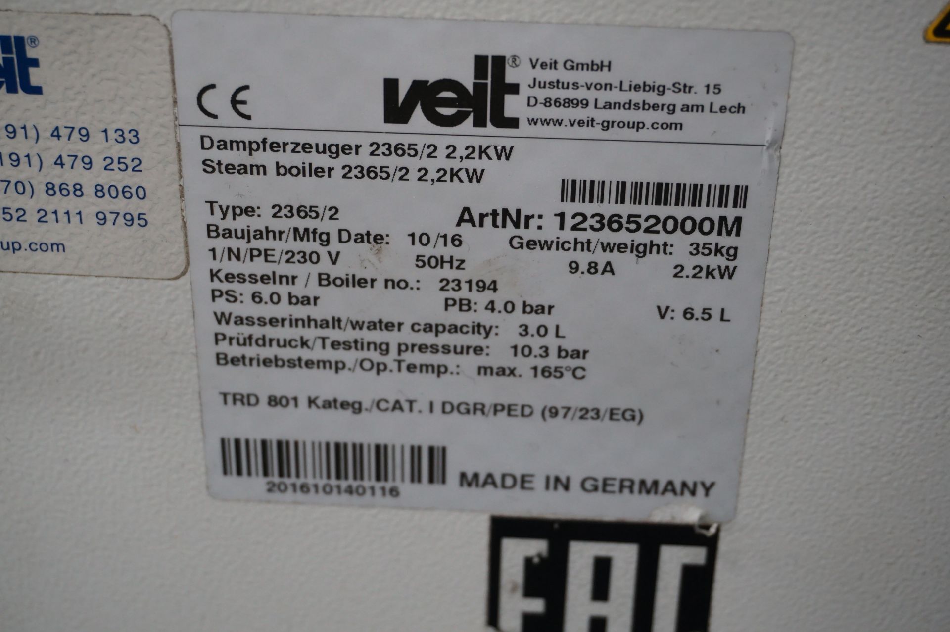 Veit 2365/2 mobile industrial steam boiler with Veit 2157 hand iron - Image 3 of 3