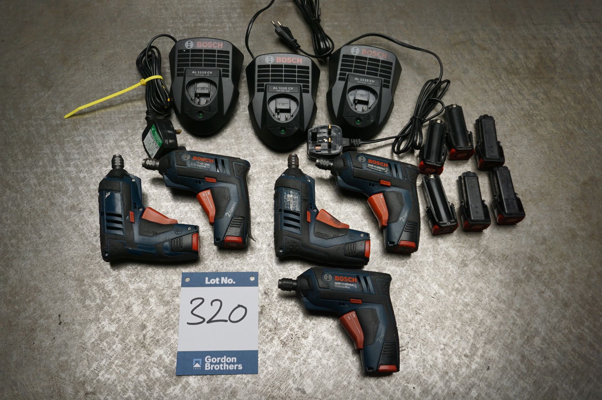 5 x Bosch GSR MX2 Drive 3.6 volt cordless drivers with 3 x chargers and 6 x batteries